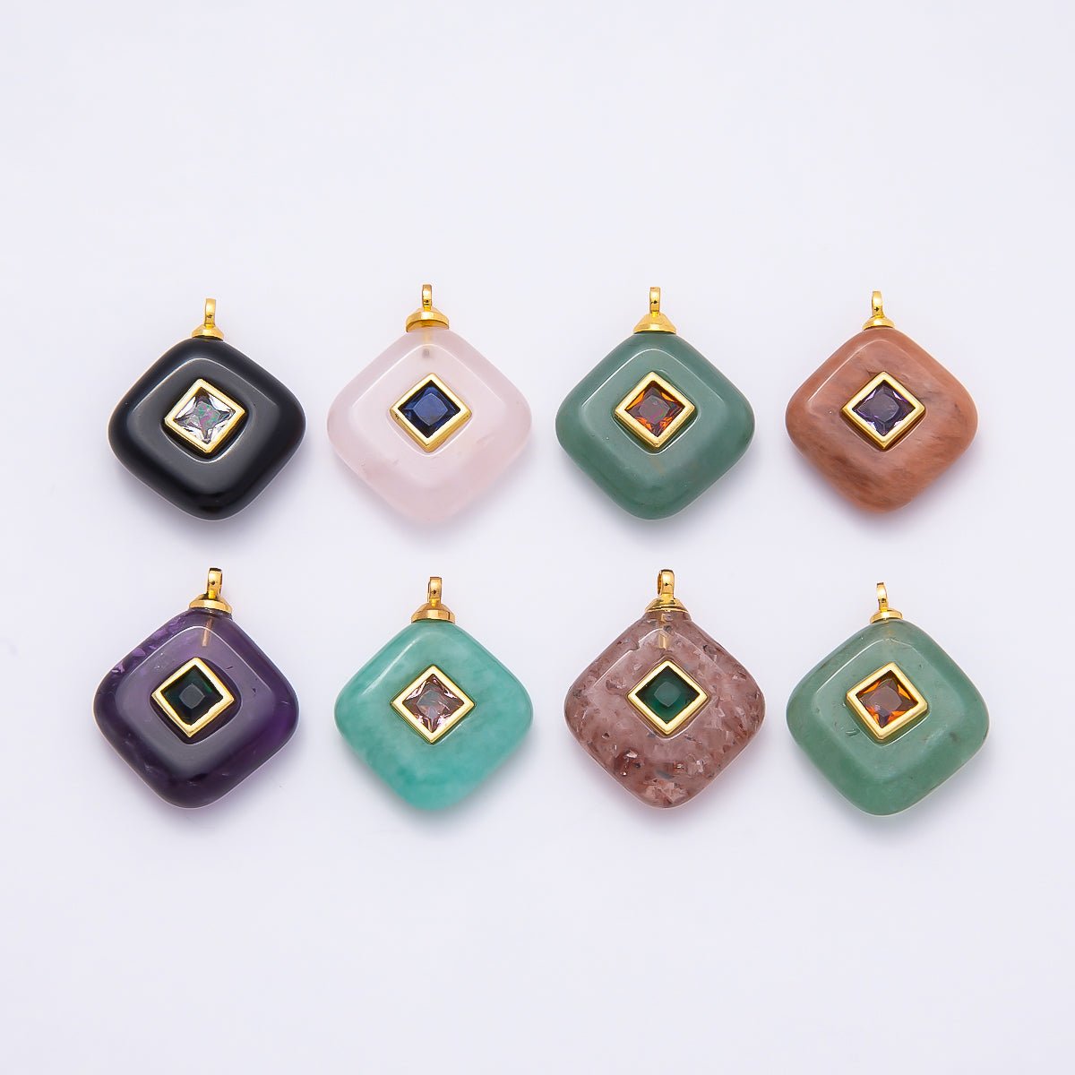 16K Gold Filled 20mm Multicolor CZ Embedded Gemstone Rhombus Pendant | Charms-01001 ~ Charms-01008 - DLUXCA