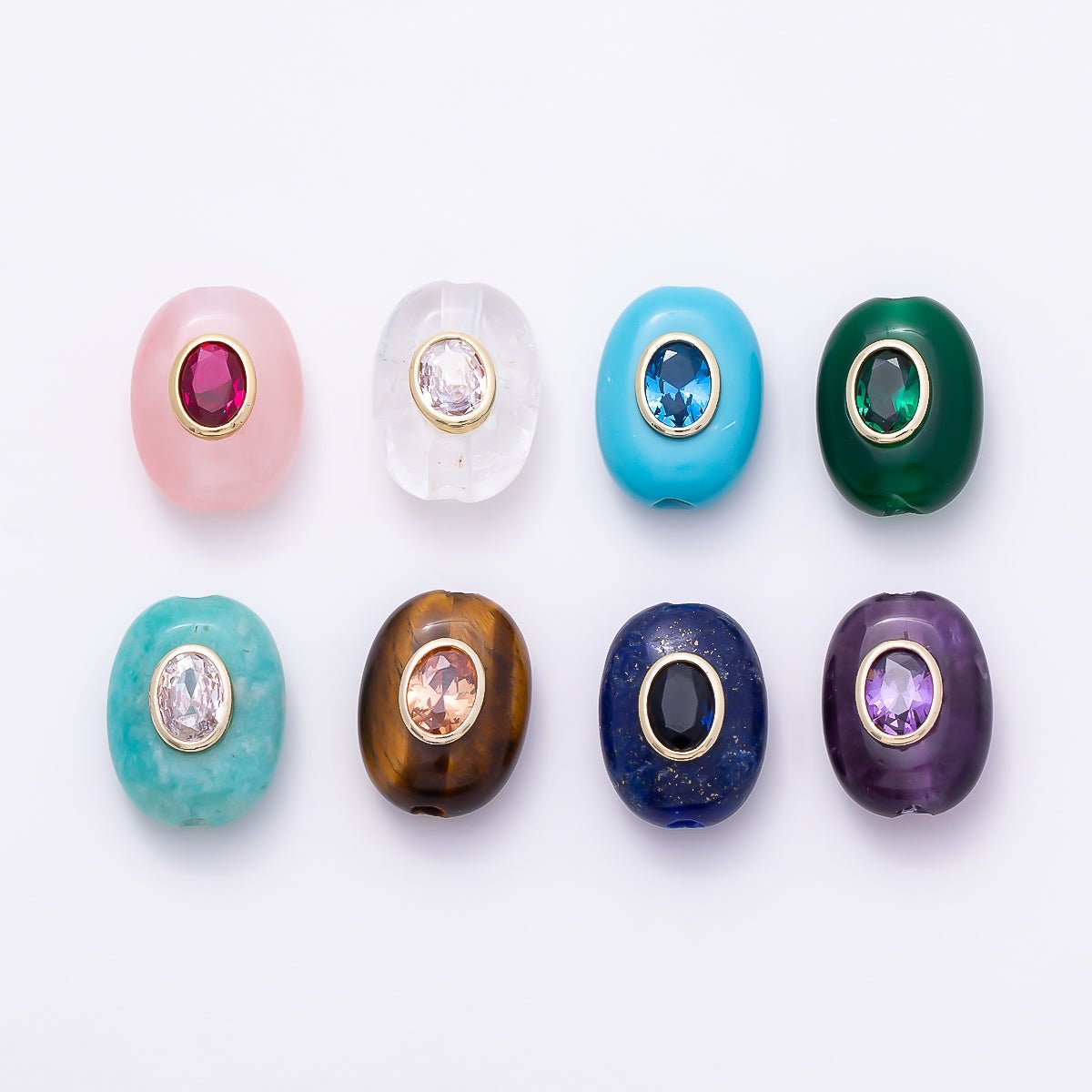 16K Gold Filled 20mm Natural Gemstone Multicolor CZ Bezel Oval Beads | Beads-00544 ~ Beads-00551 - DLUXCA