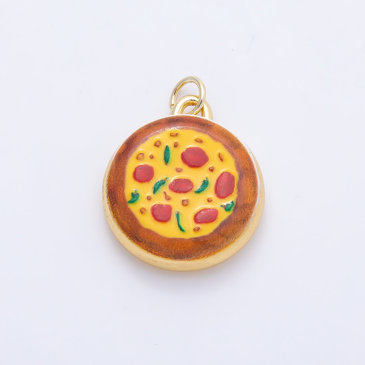 16K Gold Filled 20mm Pepperoni Pizza Enamel Round Charm | Charms-01243 - DLUXCA