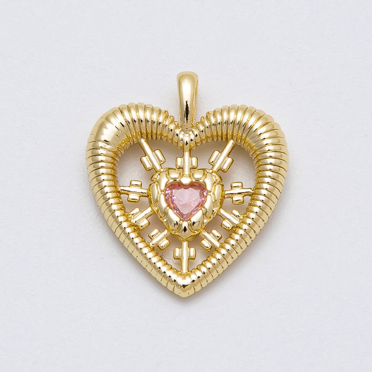 16K Gold Filled 20mm Pink CZ Ribbed Open Heart Pendant | Charms - 00452 - DLUXCA