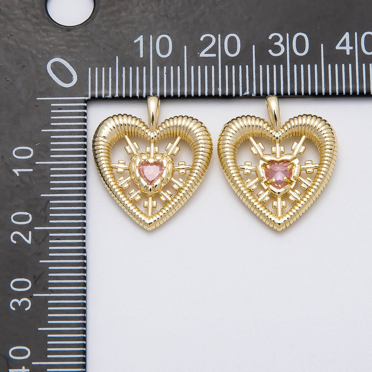 16K Gold Filled 20mm Pink CZ Ribbed Open Heart Pendant | Charms - 00452 - DLUXCA