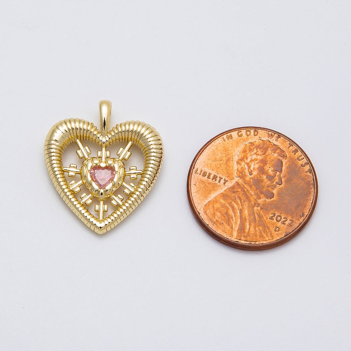 16K Gold Filled 20mm Pink CZ Ribbed Open Heart Pendant | Charms - 00452 - DLUXCA