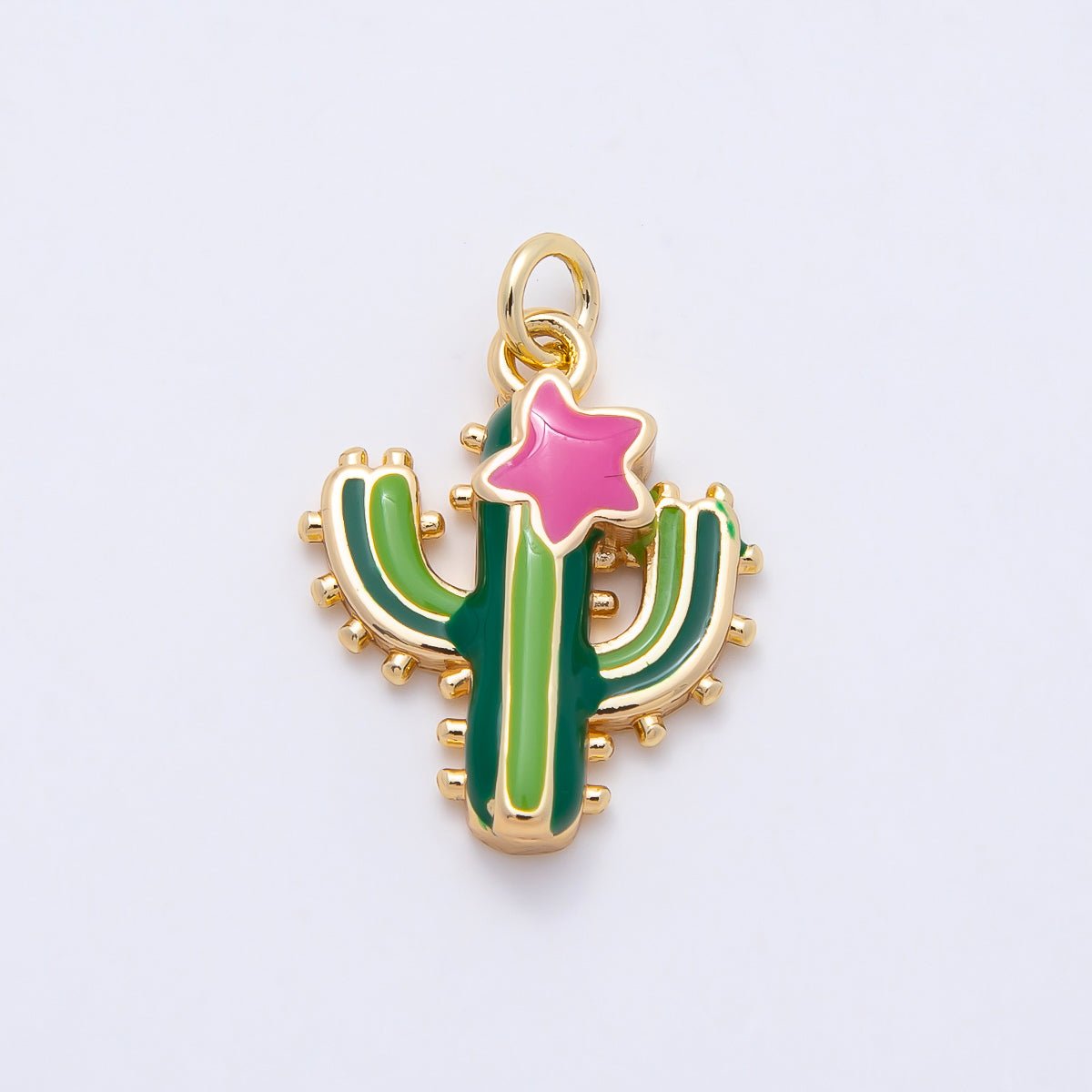 16K Gold Filled 20mm Pink Star Green Cactus Plant Charm | Charms-01055 - DLUXCA