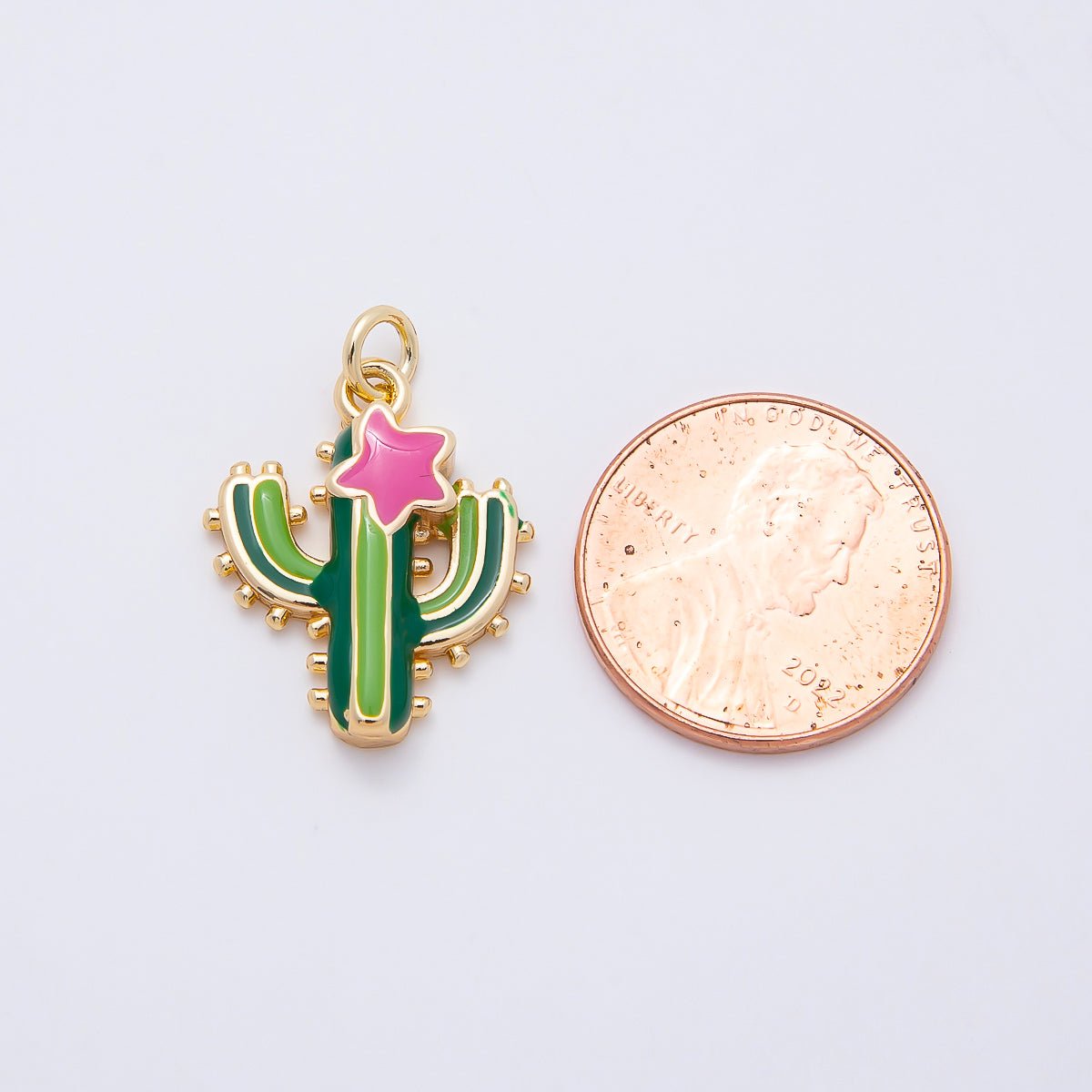 16K Gold Filled 20mm Pink Star Green Cactus Plant Charm | Charms-01055 - DLUXCA