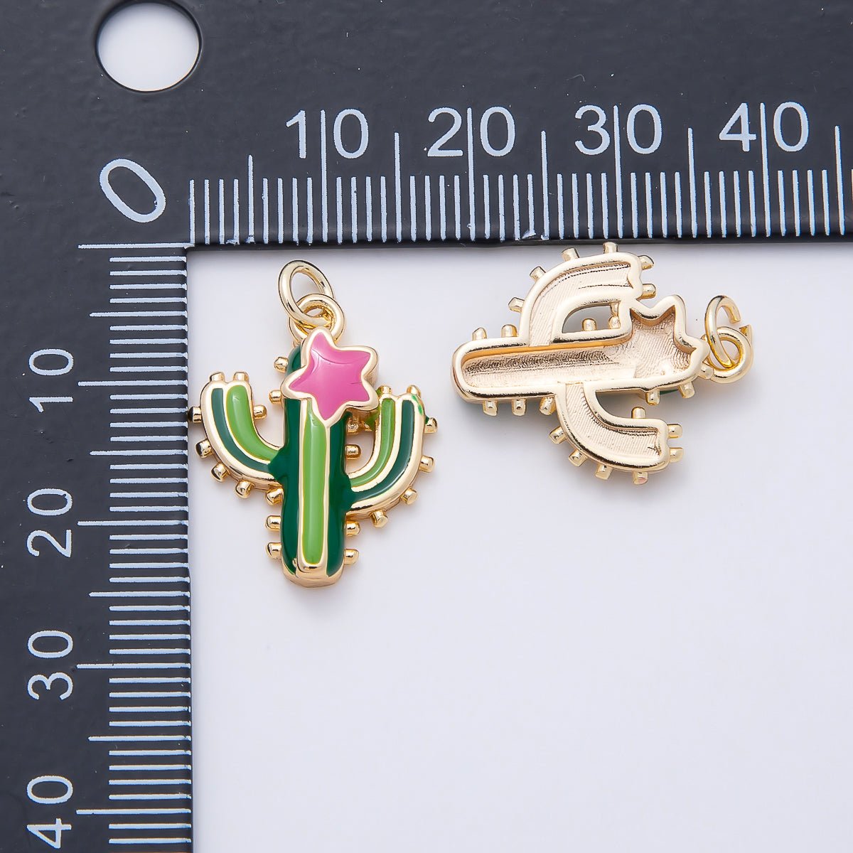 16K Gold Filled 20mm Pink Star Green Cactus Plant Charm | Charms-01055 - DLUXCA