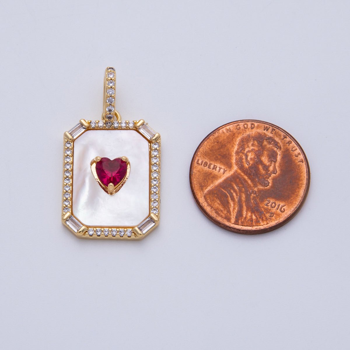 16K Gold Filled 21.5mm Red CZ Shell Pearl Rectangular Pendant | Charms - 00167 - DLUXCA