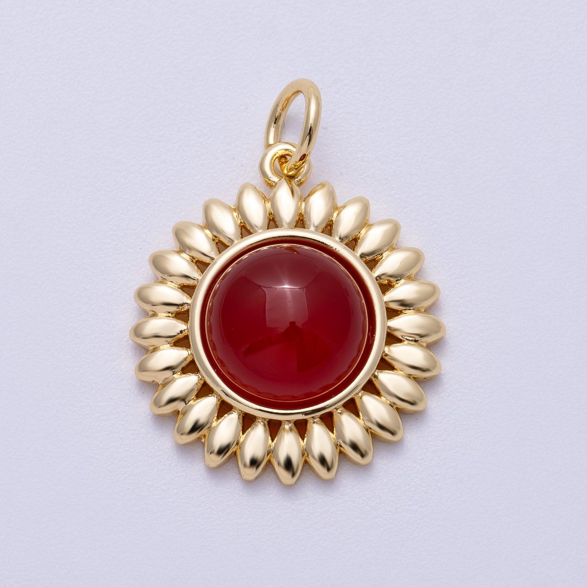 16K Gold Filled 21mm Carnelian, Aquamarine, Amethyst Round Cabochon Gemstone Flower Charm | Charms - 00600 ~ Charms - 00602 - DLUXCA