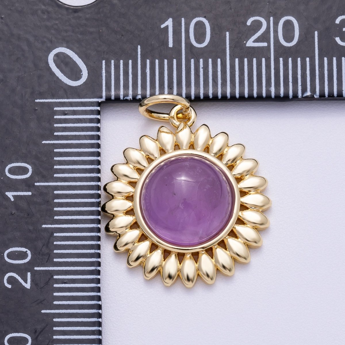 16K Gold Filled 21mm Carnelian, Aquamarine, Amethyst Round Cabochon Gemstone Flower Charm | Charms - 00600 ~ Charms - 00602 - DLUXCA