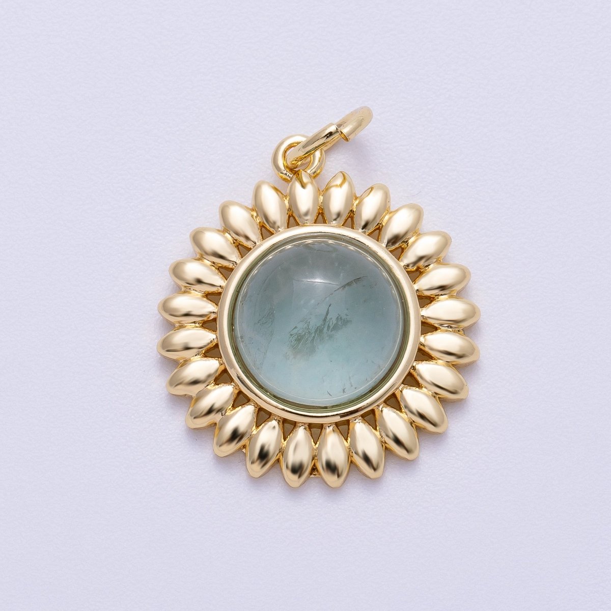 16K Gold Filled 21mm Carnelian, Aquamarine, Amethyst Round Cabochon Gemstone Flower Charm | Charms - 00600 ~ Charms - 00602 - DLUXCA