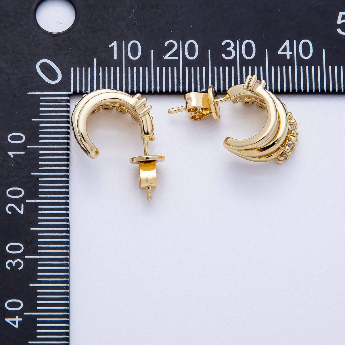 16K Gold Filled 21mm Clear CZ Cluster Triple Band Claw C - Shaped Hoop | Earrings - 00224 - DLUXCA