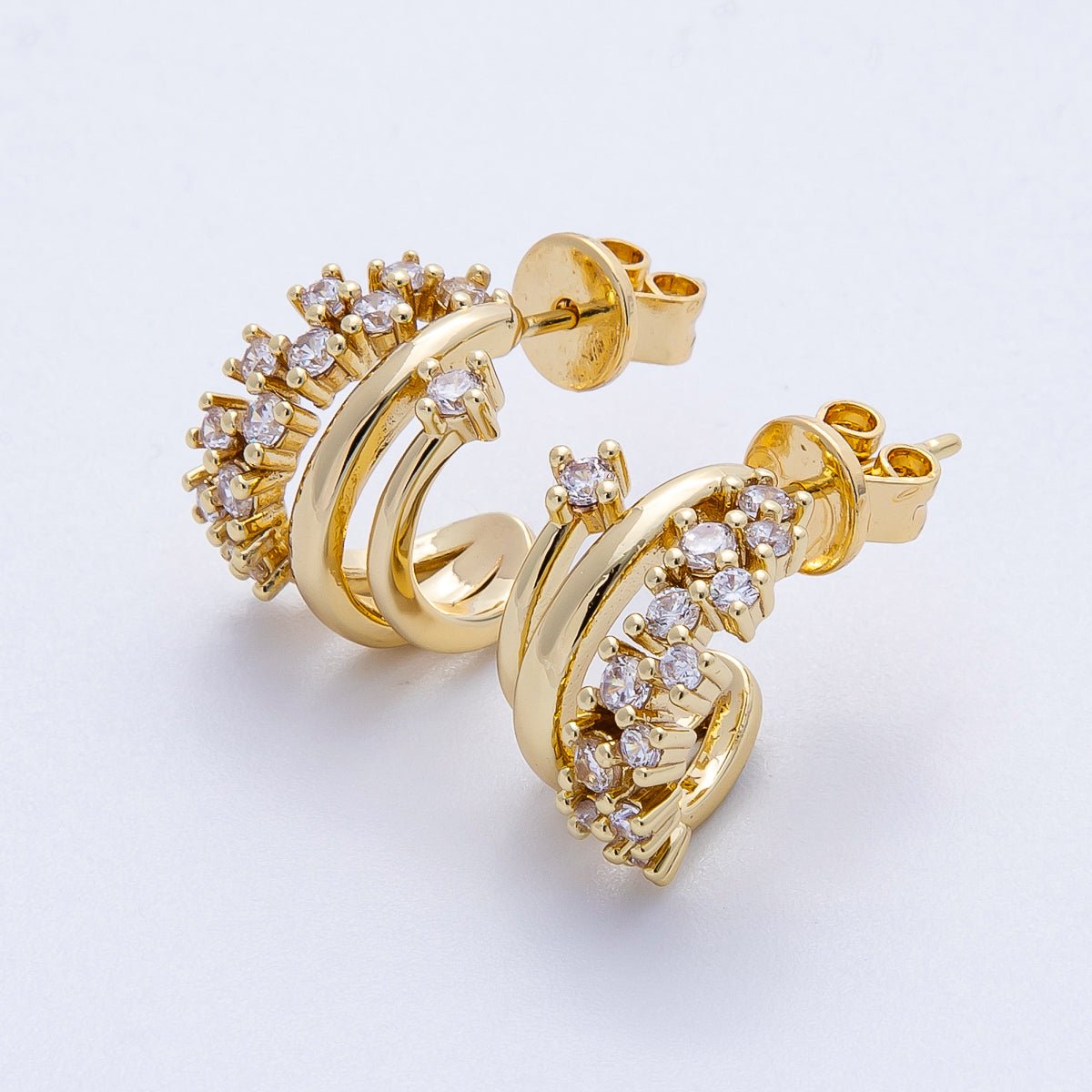 16K Gold Filled 21mm Clear CZ Cluster Triple Band Claw C - Shaped Hoop | Earrings - 00224 - DLUXCA