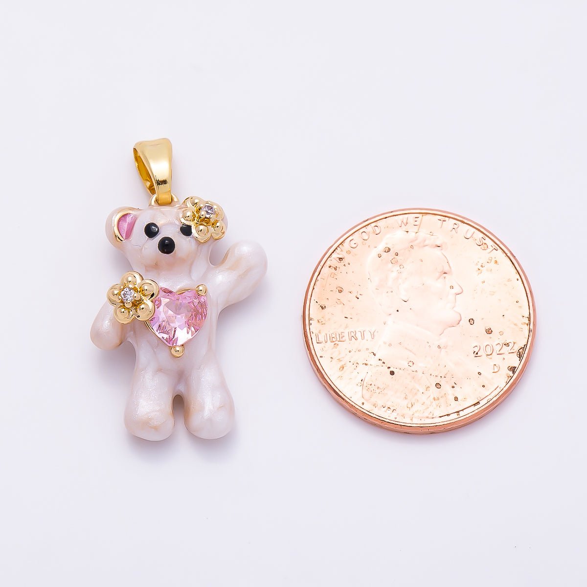 16K Gold Filled 21mm CZ Enamel Pink Heart Flower Teddy Bear Pendant | Charms-01279 - DLUXCA