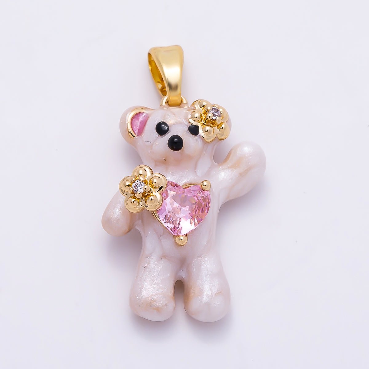 16K Gold Filled 21mm CZ Enamel Pink Heart Flower Teddy Bear Pendant | Charms-01279 - DLUXCA