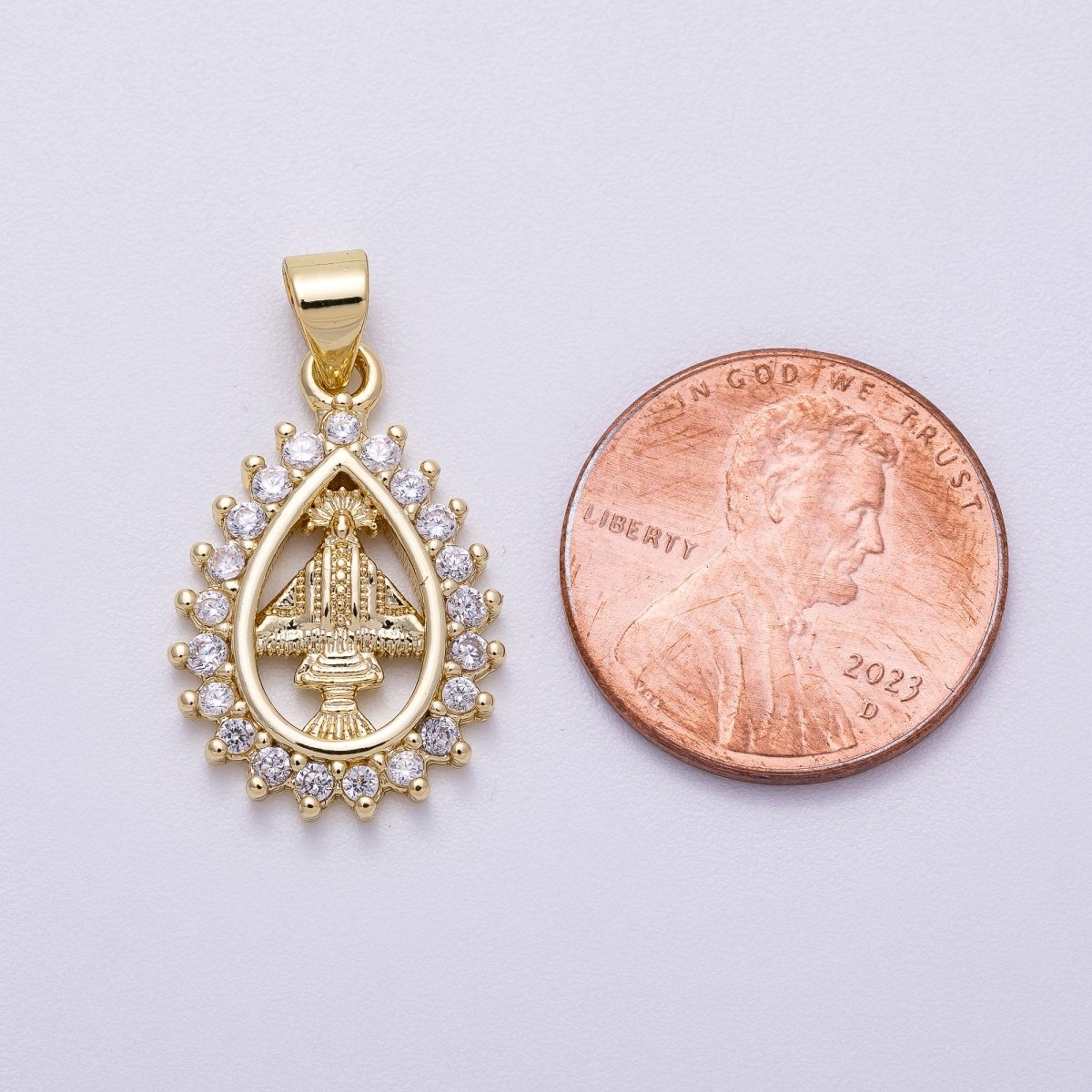 16K Gold Filled 21mm Micro Paved CZ Mother Mary Religious Open Teardrop Pendant | Charms - 00566 - DLUXCA