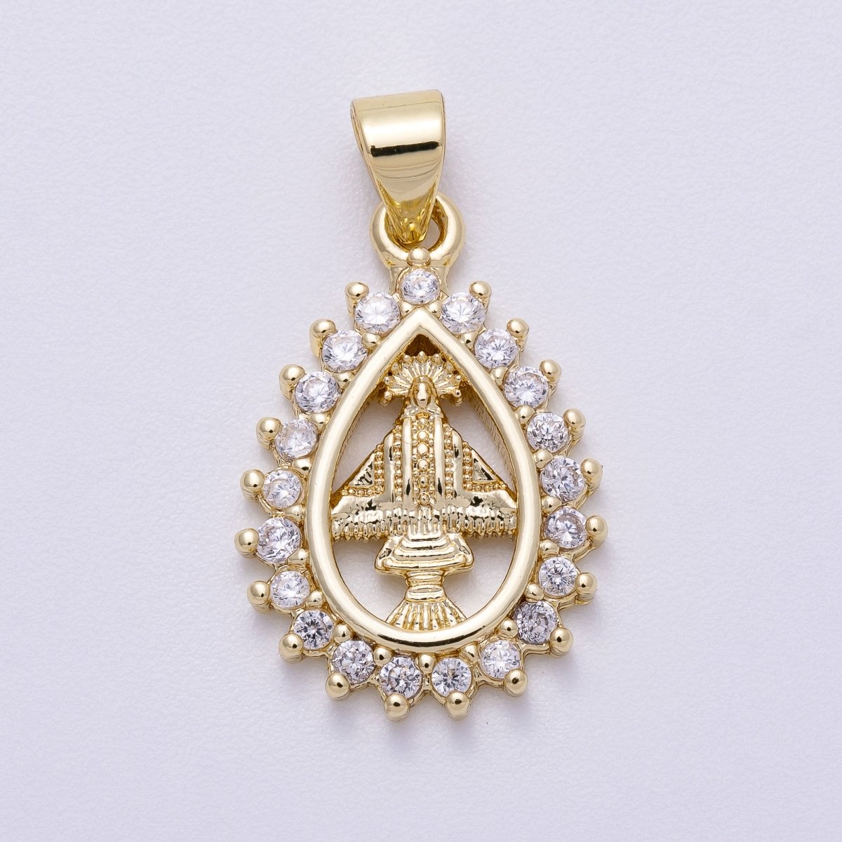 16K Gold Filled 21mm Micro Paved CZ Mother Mary Religious Open Teardrop Pendant | Charms - 00566 - DLUXCA