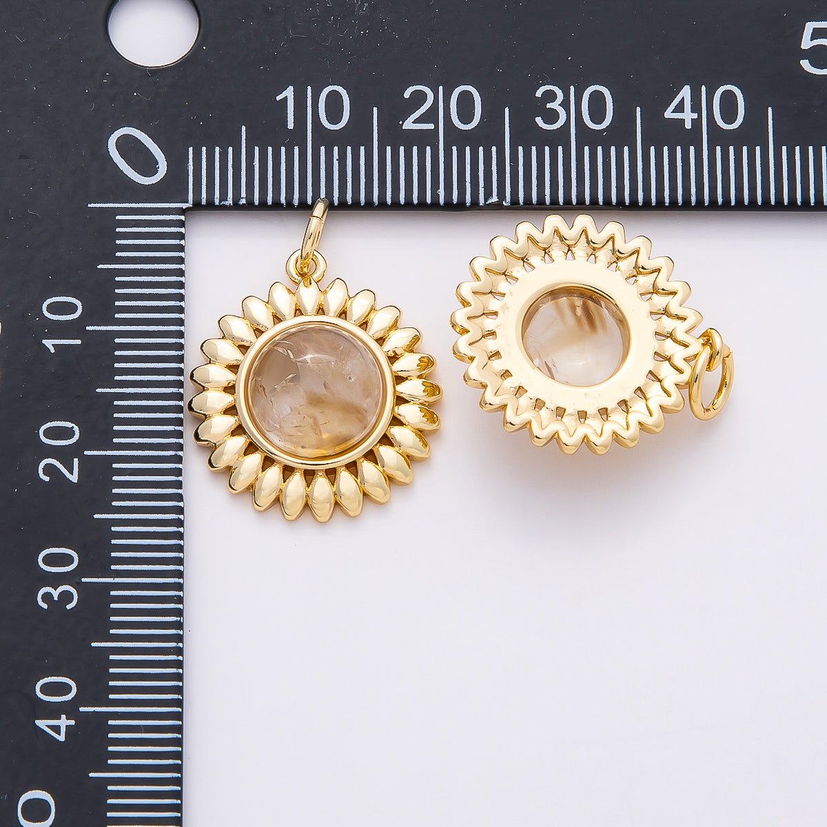 16K Gold Filled 21mm Moonstone Cabochon Gemstone Sunflower Charm | Charms - 00765 - DLUXCA