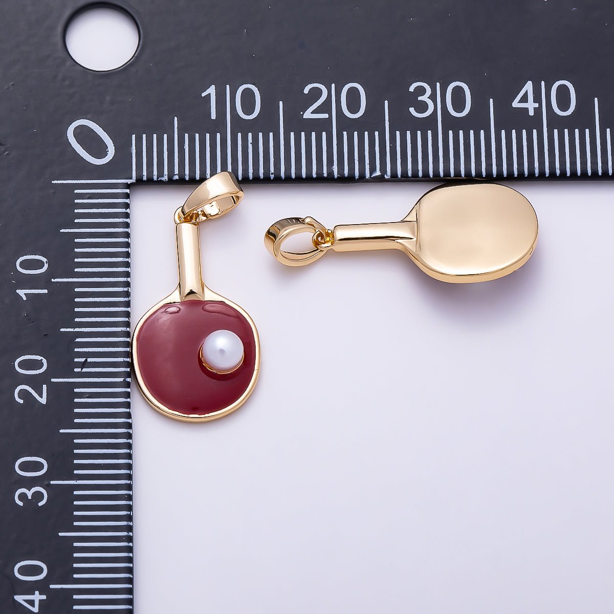 16K Gold Filled 21mm Shell Pearl Red Ping Pong Pickle Ball Paddle Sport Pendant | Charms-01586 - DLUXCA