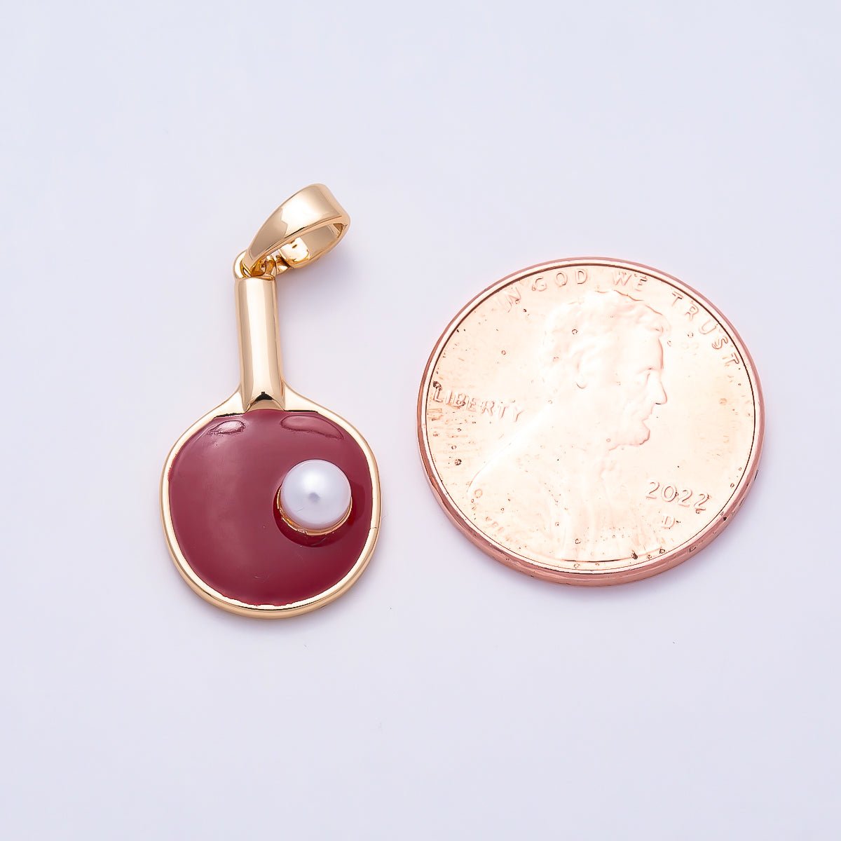 16K Gold Filled 21mm Shell Pearl Red Ping Pong Pickle Ball Paddle Sport Pendant | Charms-01586 - DLUXCA