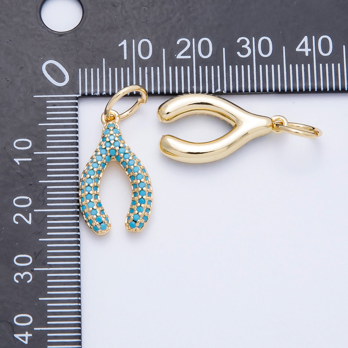 16K Gold Filled 21mm Turquoise and Clear Micro Paved CZ Wishbone Lucky Charm | Charms - 00659 - Charms - 00660 - DLUXCA