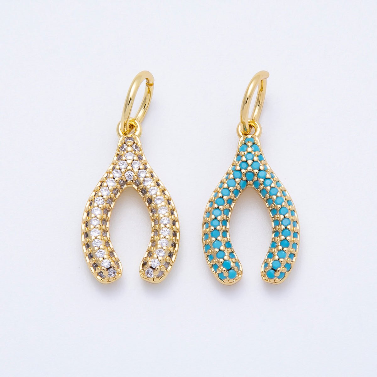 16K Gold Filled 21mm Turquoise and Clear Micro Paved CZ Wishbone Lucky Charm | Charms - 00659 - Charms - 00660 - DLUXCA