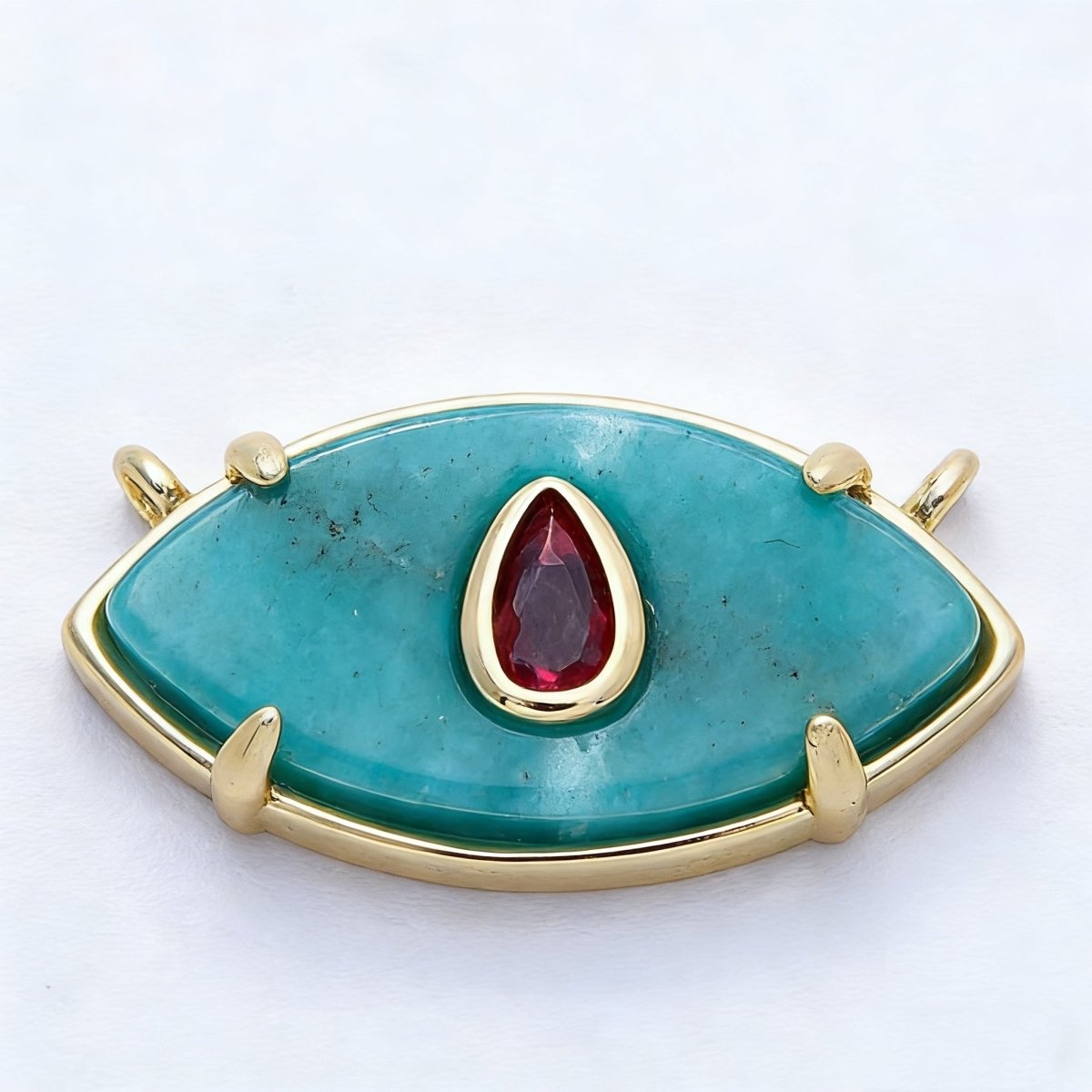 16K Gold Filled 22.5mm Aquamarine, Pink Quartz Fuchsia CZ Evil Eye Connector | Connectors - 00009 Connectors - 00010 - DLUXCA