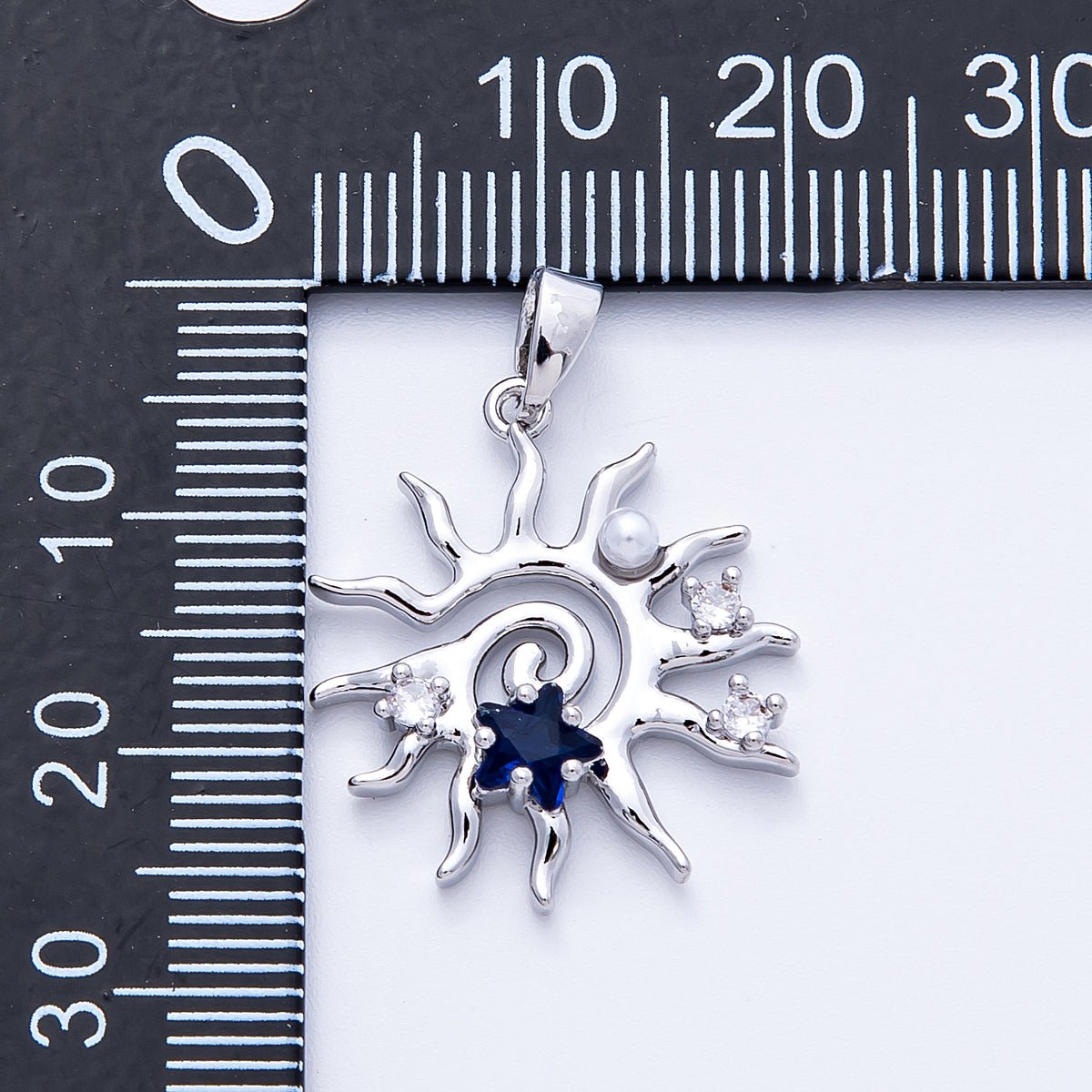 16K Gold Filled 22.5mm Blue CZ Shell Pearl Celestial Sun Pendant in Gold & Silver | Charms - 00186 Charms - 00187 - DLUXCA