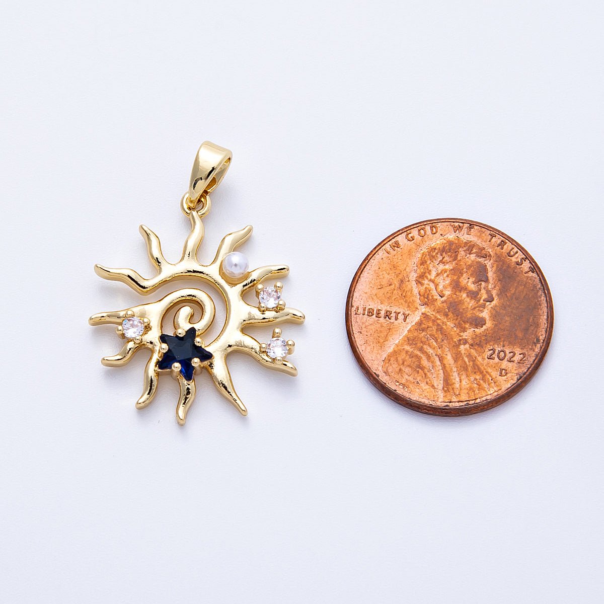 16K Gold Filled 22.5mm Blue CZ Shell Pearl Celestial Sun Pendant in Gold & Silver | Charms - 00186 Charms - 00187 - DLUXCA