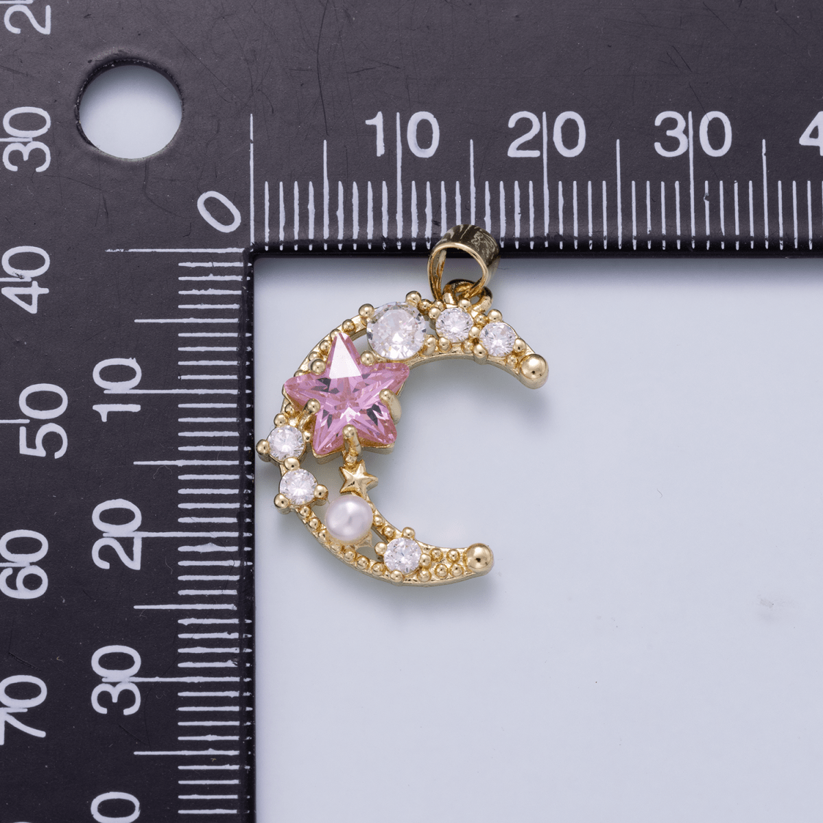 16K Gold Filled 22.5mm Pink Clear CZ Cluster Star Crescent Moon Pendant | Charms-01250 - DLUXCA