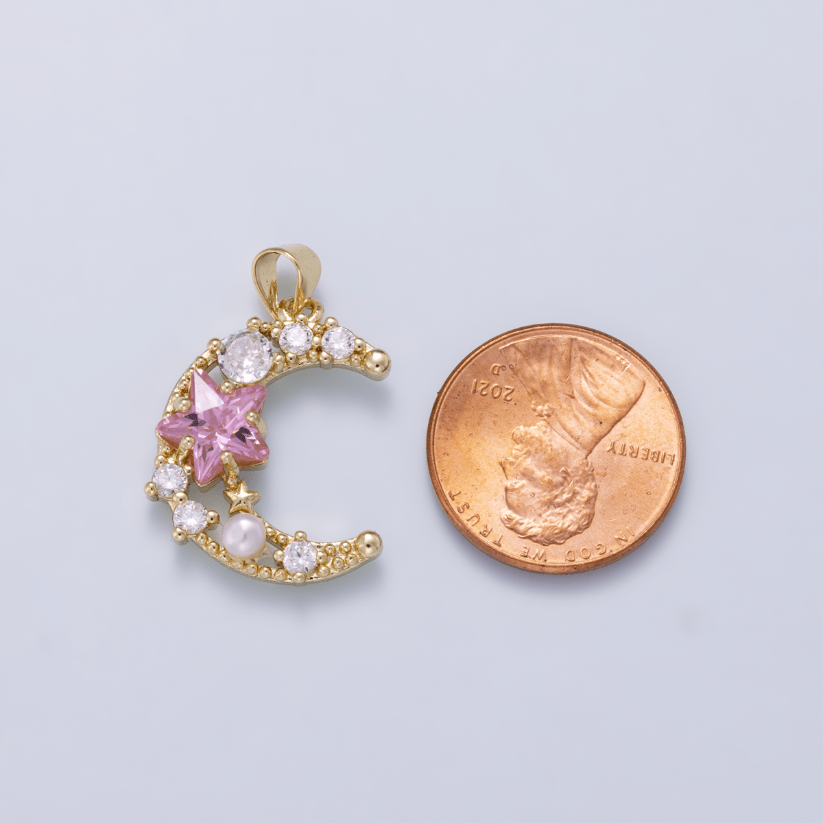 16K Gold Filled 22.5mm Pink Clear CZ Cluster Star Crescent Moon Pendant | Charms-01250 - DLUXCA