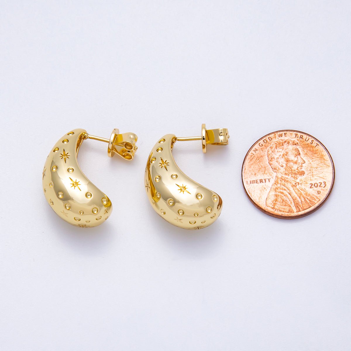 16K Gold Filled 22mm Celestial Star Dotted Textured Dome Teardrop Stud Earrings | Earrings - 00322 - DLUXCA