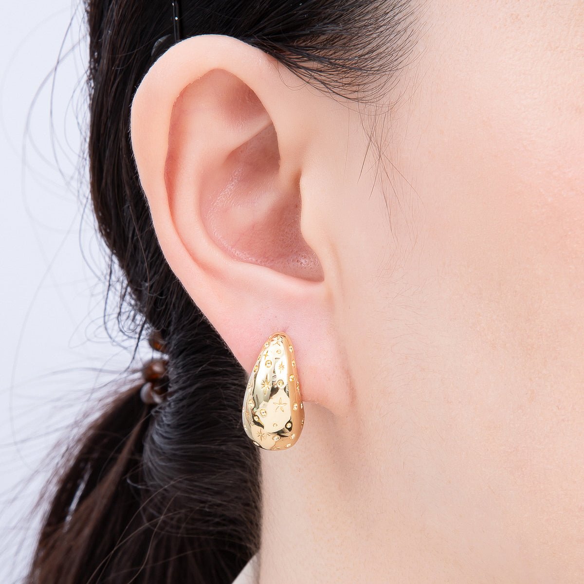 16K Gold Filled 22mm Celestial Star Dotted Textured Dome Teardrop Stud Earrings | Earrings - 00322 - DLUXCA