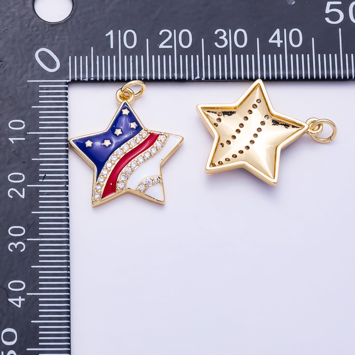 16K Gold Filled 22mm Micro Paved CZ Enamel American Flag Celestial Star Charm | Charms-02030 - DLUXCA