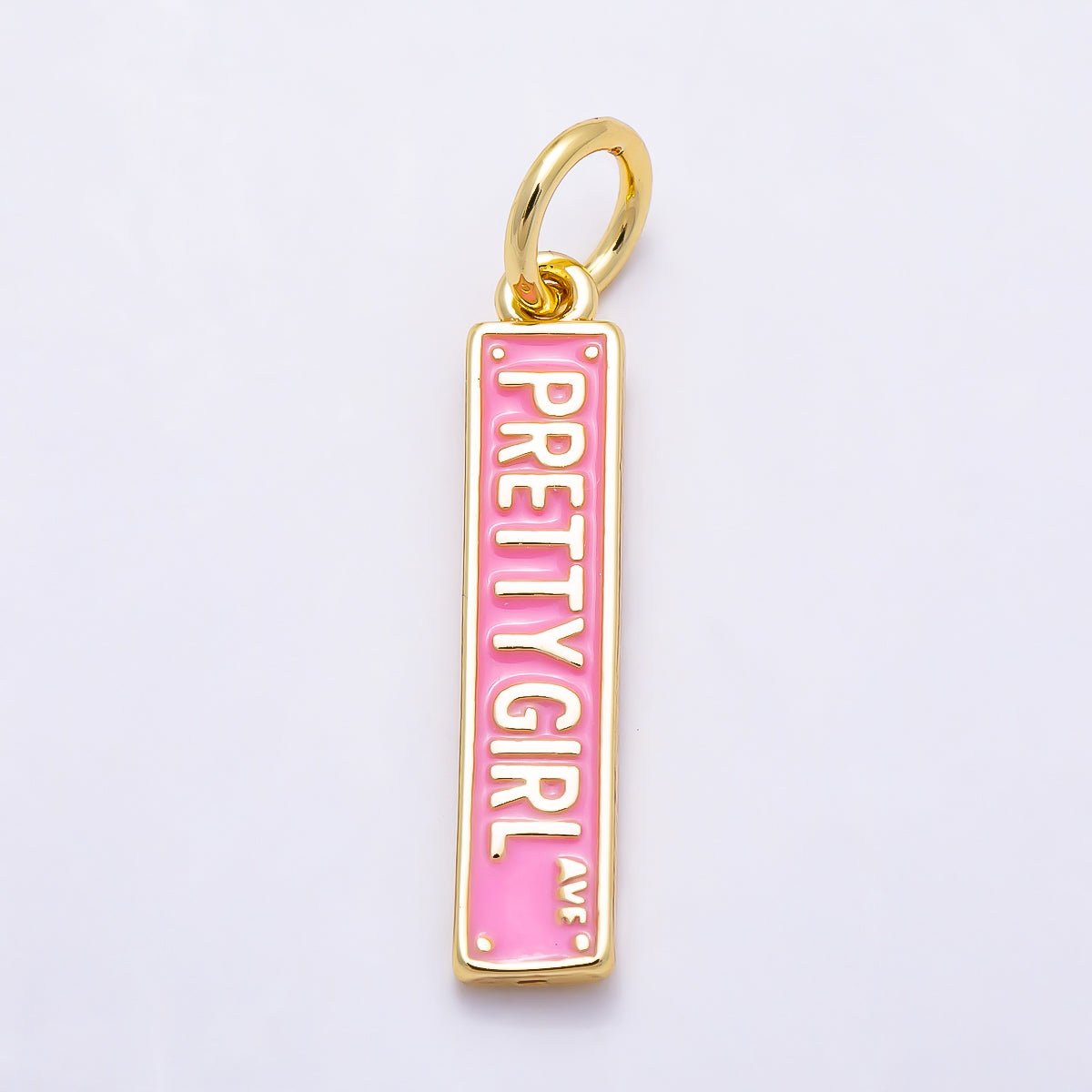 16K Gold Filled 22mm "Pretty Girl Ave" Pink Enamel Street Sign Charm | Charms-01505 - DLUXCA