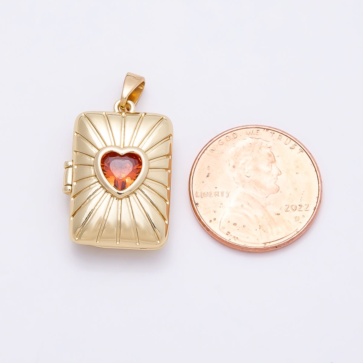 16K Gold Filled 22mm Red Heart CZ Sunburst Rectangle Locket Pendant | Charms-01035 - DLUXCA
