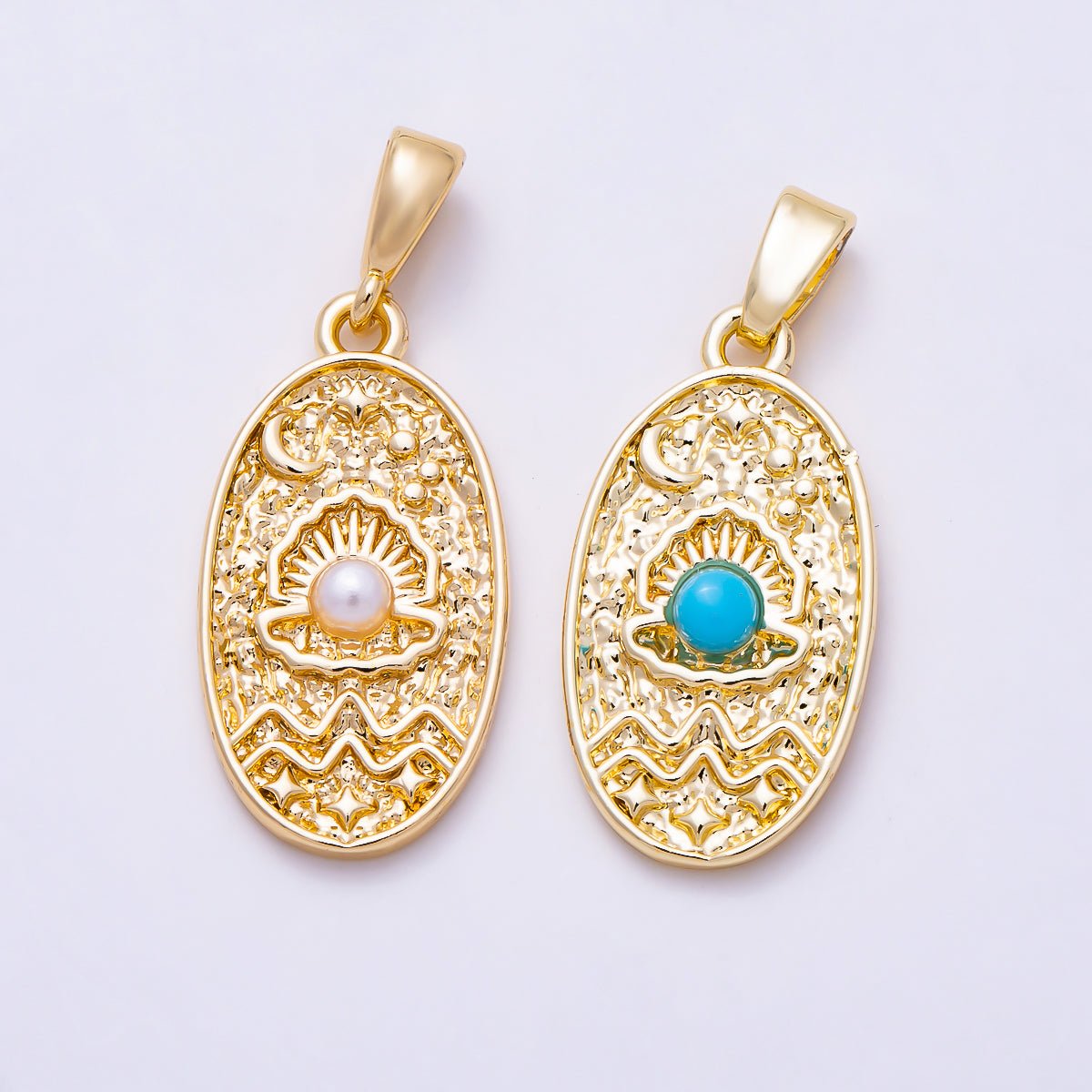 16K Gold Filled 22mm Shell Pearl, Turquoise Clam Shell Textured Oval Pendant | Charms-01991 Charms-01992 - DLUXCA