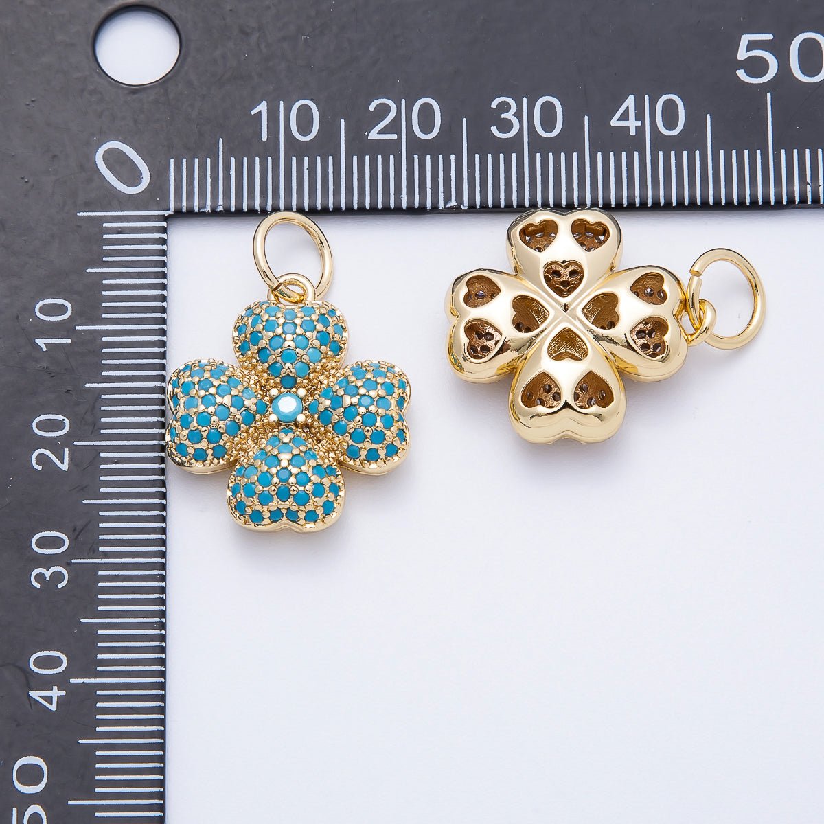 16K Gold Filled 22mm Turquoise and Clear Micro Paved CZ Leaf Clover Lucky Charm | Charms - 00661 - Charms - 00662 - DLUXCA