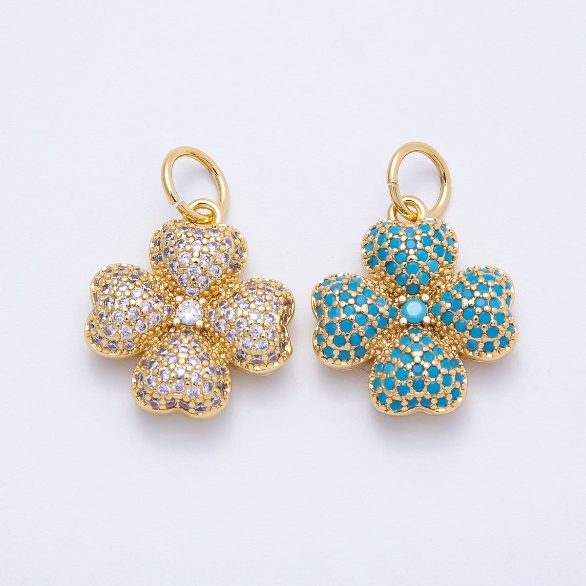16K Gold Filled 22mm Turquoise and Clear Micro Paved CZ Leaf Clover Lucky Charm | Charms - 00661 - Charms - 00662 - DLUXCA