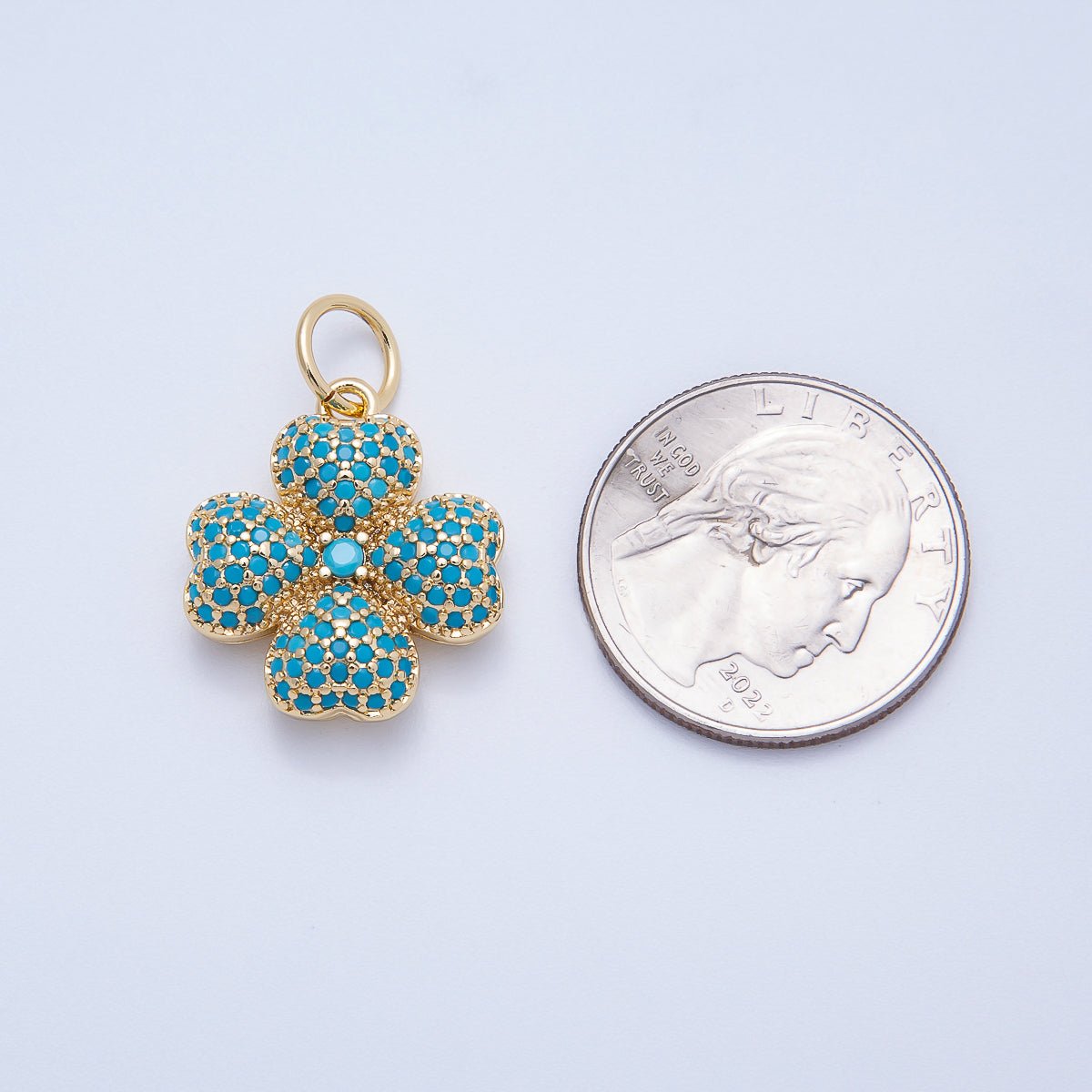 16K Gold Filled 22mm Turquoise and Clear Micro Paved CZ Leaf Clover Lucky Charm | Charms - 00661 - Charms - 00662 - DLUXCA