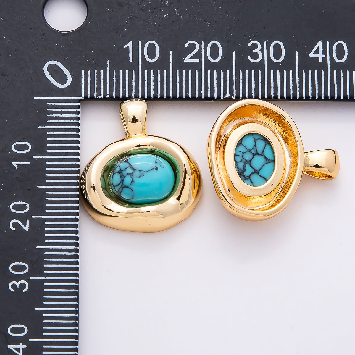 16K Gold Filled 22mm Turquoise Cabochon Gemstone Oval Molten Bezel Pendant | Charms - 00786 - DLUXCA