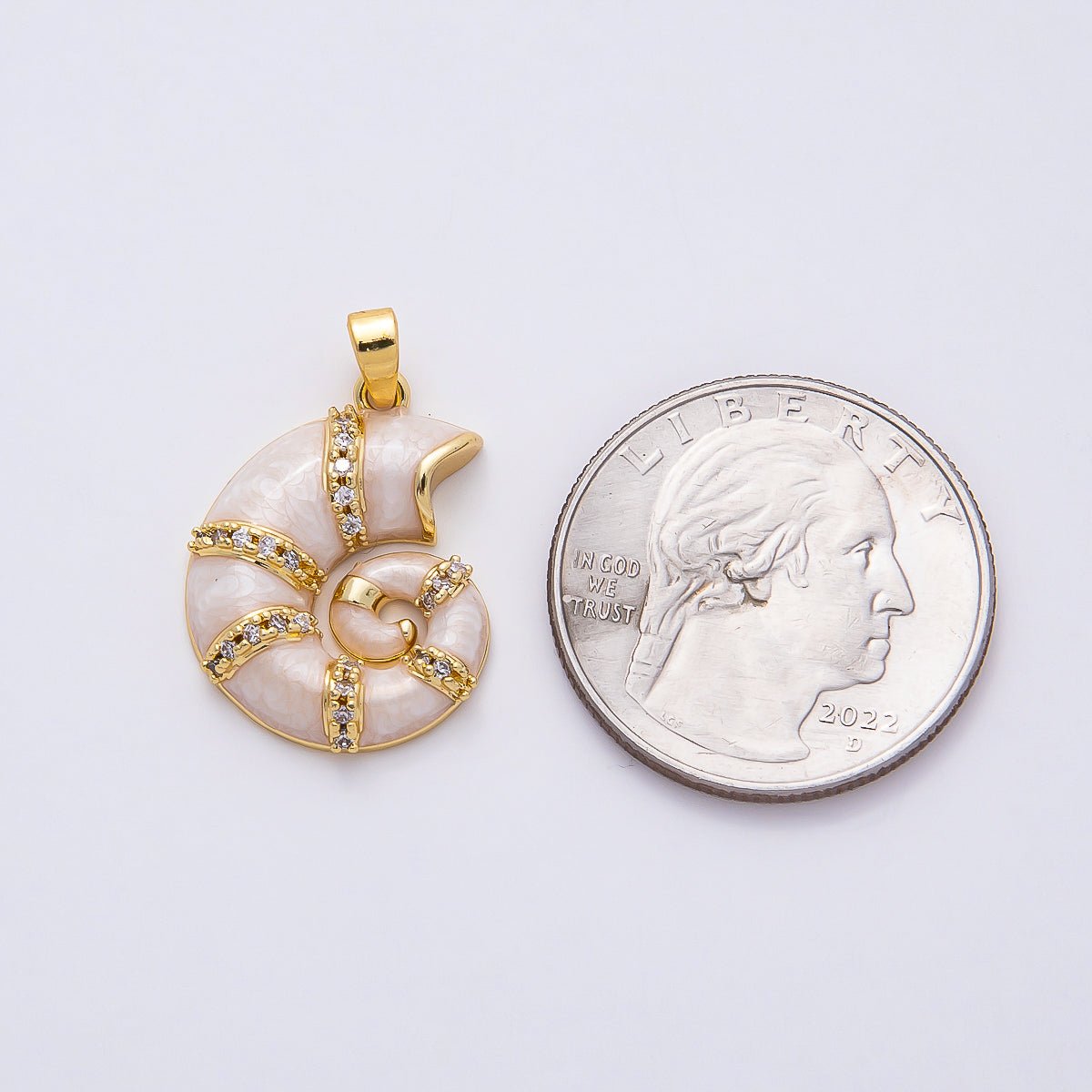 16K Gold Filled 22mm White Glitter Enamel Micro Paved CZ Conch Sea Shell Pendant | Charms - 00771 - DLUXCA