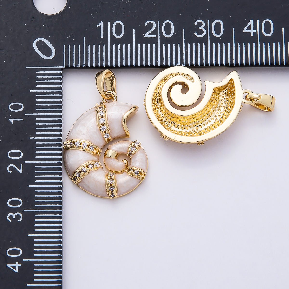 16K Gold Filled 22mm White Glitter Enamel Micro Paved CZ Conch Sea Shell Pendant | Charms - 00771 - DLUXCA