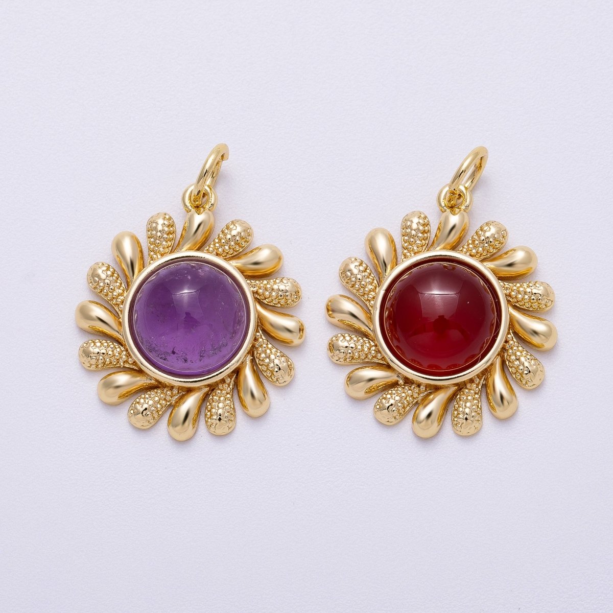 16K Gold Filled 23mm Amethyst, Carnelian Cabochon Gemstone Celestial Sun Ray Charm | Charms - 00610 Charms - 00611 - DLUXCA