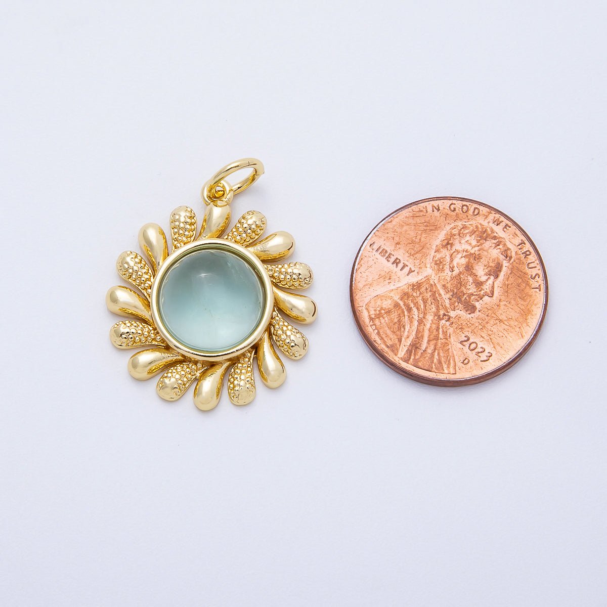 16K Gold Filled 23mm Aquamarine, Citrine Cabochon Gemstone Celestial Sun Ray Charm | Charms - 00693 Charms - 00694 - DLUXCA