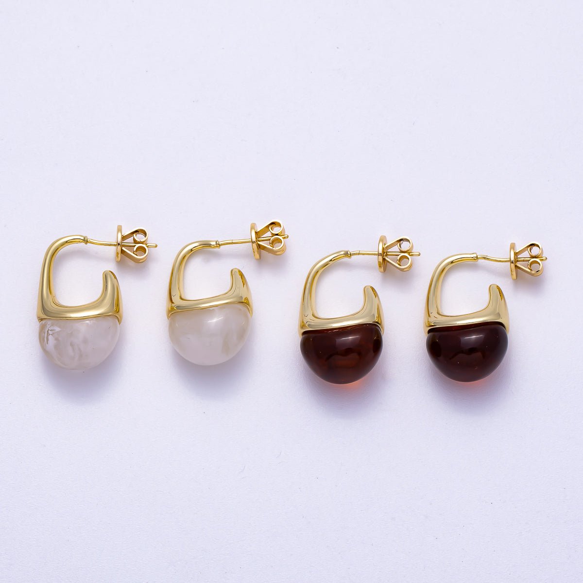 16K Gold Filled 23mm Brown & White Molten Acrylic Drop Stud Earrings | Earrings - 00359 - Earrings - 00360 - DLUXCA