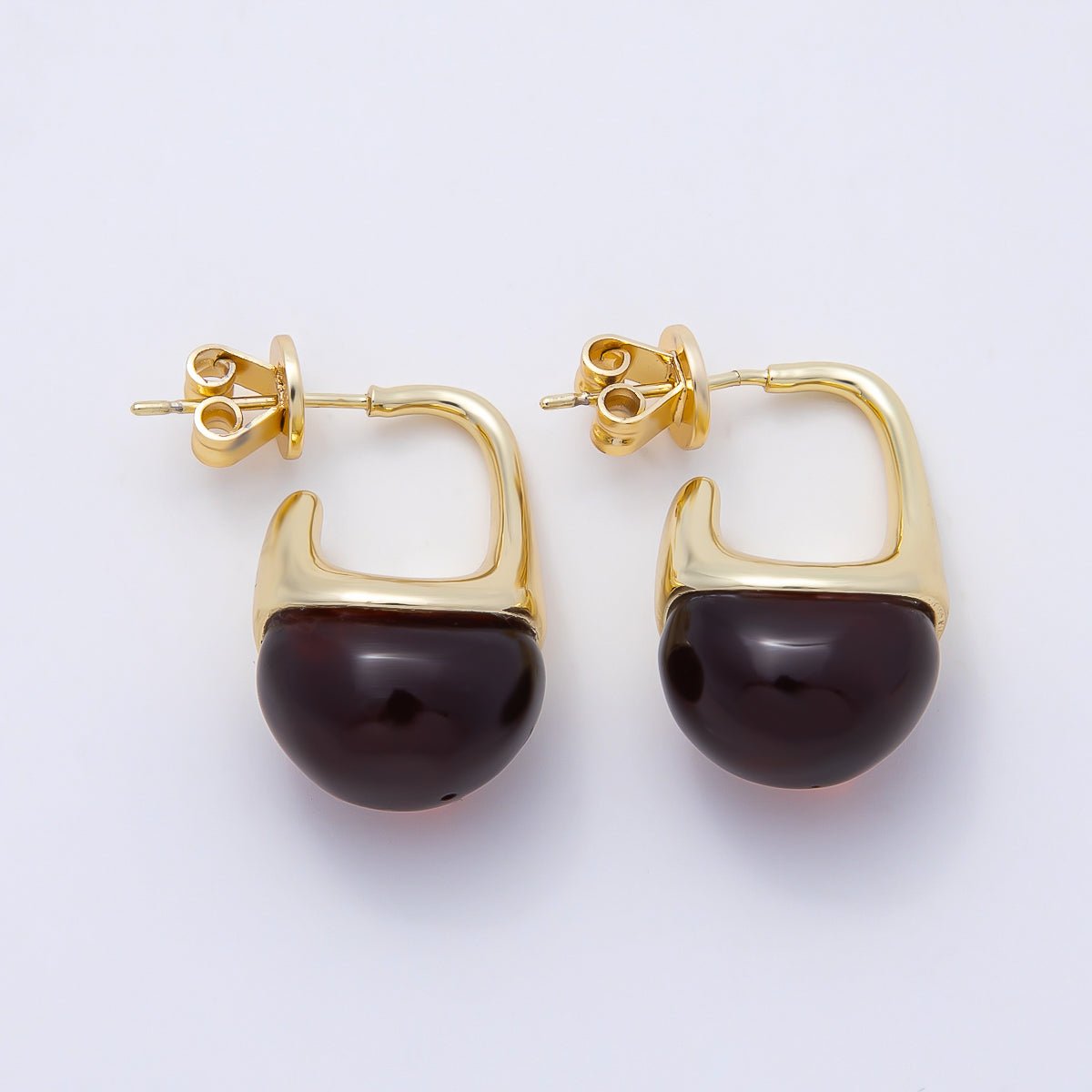 16K Gold Filled 23mm Clear, Brown Acrylic Molten J - Shaped Drop Hoop Earrings | Earrings - 00359 Earrings - 00360 - DLUXCA