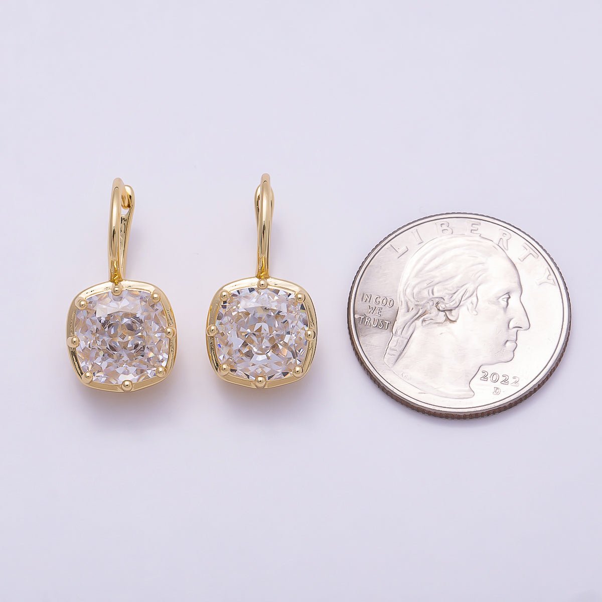 16K Gold Filled 23mm Clear CZ Rounded Square Drop Hoop Earrings | Earrings - 00411 - DLUXCA