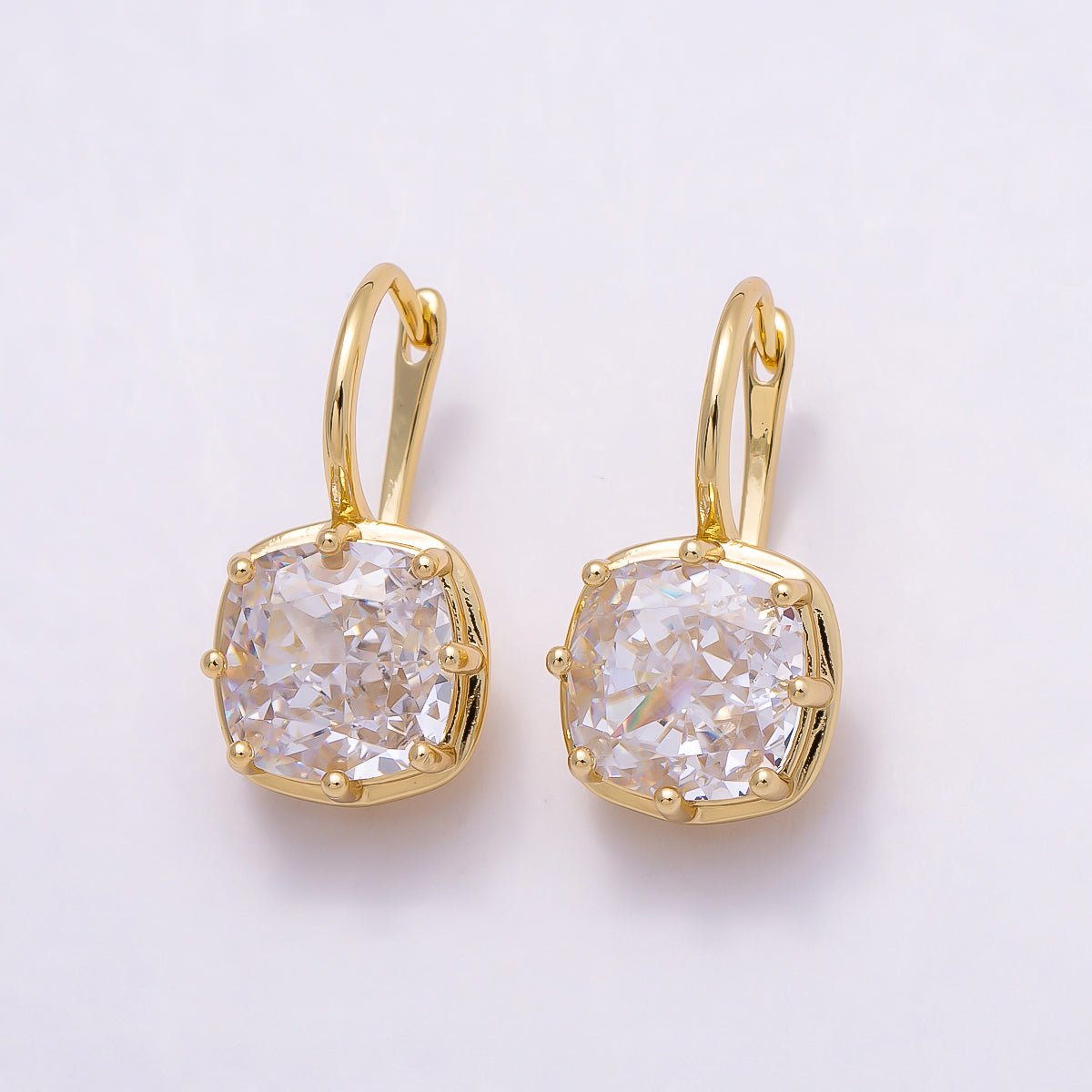 16K Gold Filled 23mm Clear CZ Rounded Square Drop Hoop Earrings | Earrings - 00411 - DLUXCA