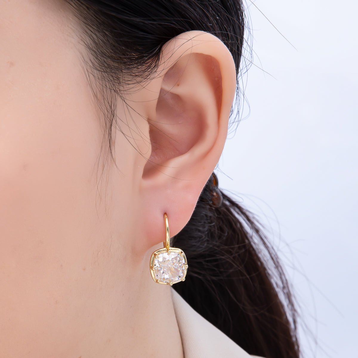 16K Gold Filled 23mm Clear CZ Rounded Square Drop Hoop Earrings | Earrings - 00411 - DLUXCA