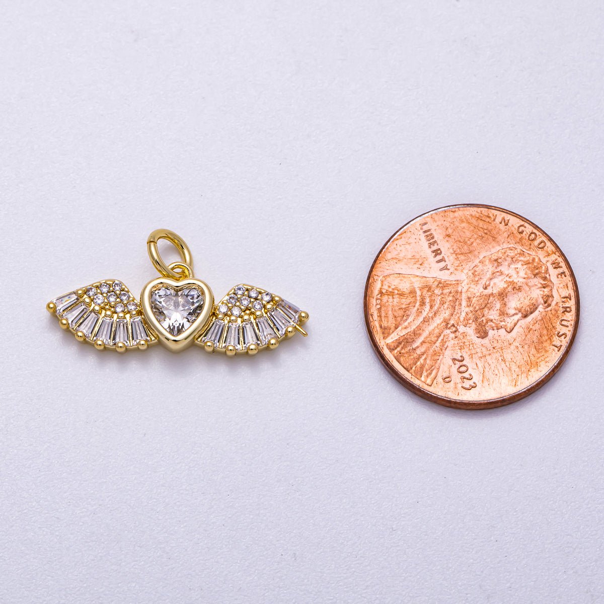16K Gold Filled 23mm Clear Micro Paved CZ Baguette Heart Angel Wings Charm | Charms - 00540 - DLUXCA