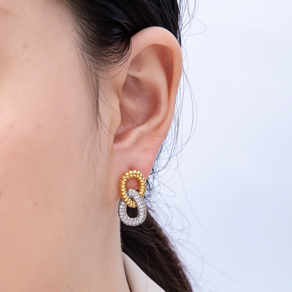 16K Gold Filled 23mm Micro Paved CZ Ribbed Geometric Interlock Drop Stud Earrings | Earrings - 00363 - DLUXCA